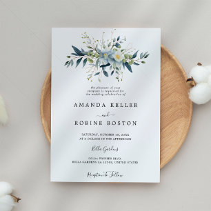 Elegante Blauwe Bloemen & Eucalyptus bruiloft Kaart