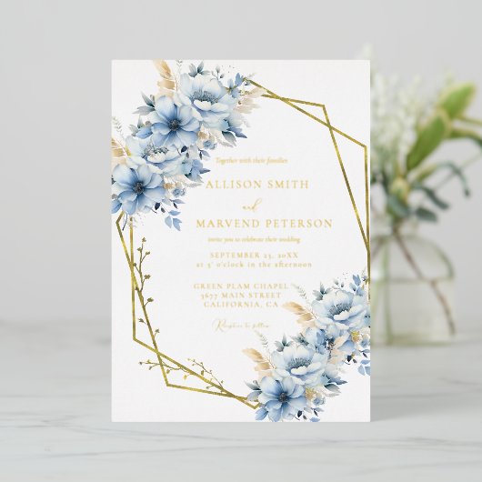 Elegante Blauwe Bloemen Geometrische Lijst Bloom W Folie Uitnodiging (Staand Voorkant)