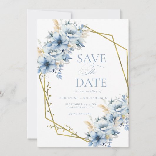 Elegante Blauwe Bloemen Geometrische Lijst Bloom W Save The Date (Voorkant)