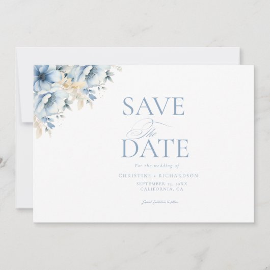 Elegante Blauwe Bloemen Geometrische Lijst Bloom W Save The Date (Voorkant)