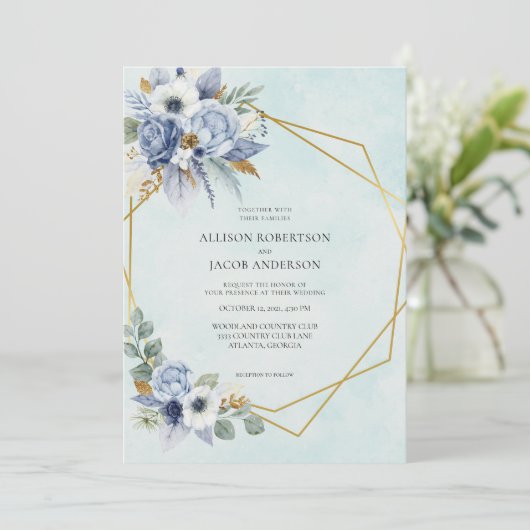 Elegante Blauwe Bloemen Goud Lijst bruiloft Kaart (Staand voorkant)