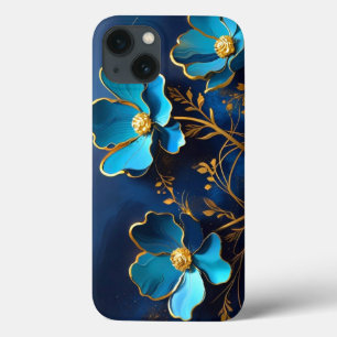 Elegante blauwe bloemen gouden contouren telefoonh iPhone 13 hoesje