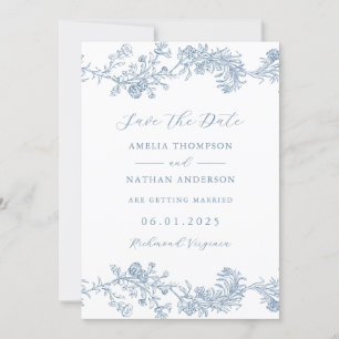 Elegante Blauwe  Bloemen Huwelijk Save The Date