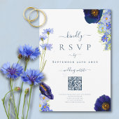 Elegante Blauwe Bloemen Huwelijksreactie QR Code RSVP Kaartje