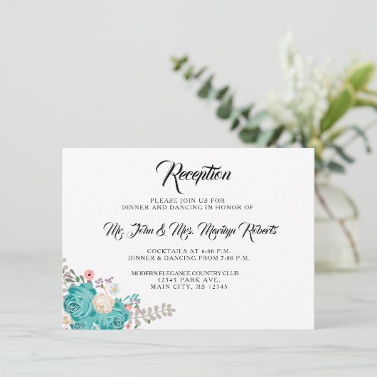 Elegante Blauwe Bloemen Huwelijksreceptie Informatiekaartje (Staand voorkant)