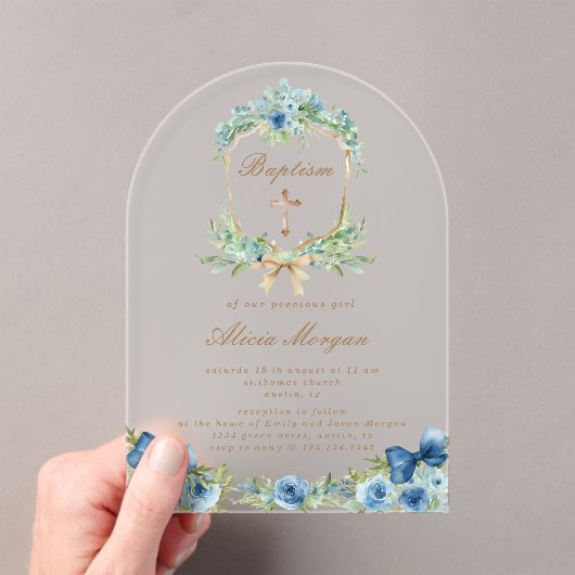 Elegante Blauwe Bloemen Kruis Doop Uitnodiging Acryl Uitnodigingen (Insitu (Draagbaar))
