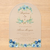 Elegante Blauwe Bloemen Kruis Doop Uitnodiging Acryl Uitnodigingen (Voorkant)
