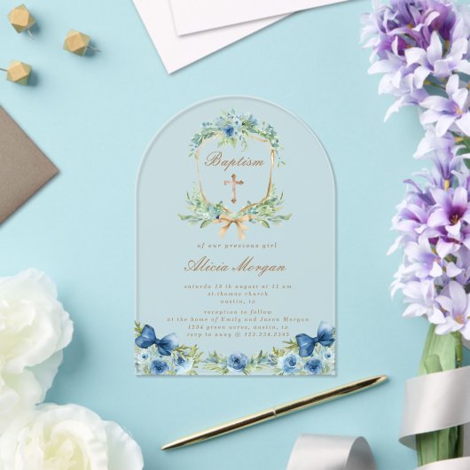 Elegante Blauwe Bloemen Kruis Doop Uitnodiging Acryl Uitnodigingen (Insitu (Huwelijk))