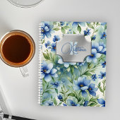 Elegante Blauwe Bloemen met Zilver Monogram Lijst Planner