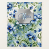 Elegante Blauwe Bloemen met Zilver Monogram Lijst Planner (Voorkant)
