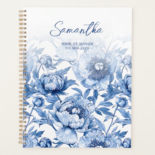 Elegante Blauwe Bloemen Patroon Script Maid of Hon Planner (Voorkant)