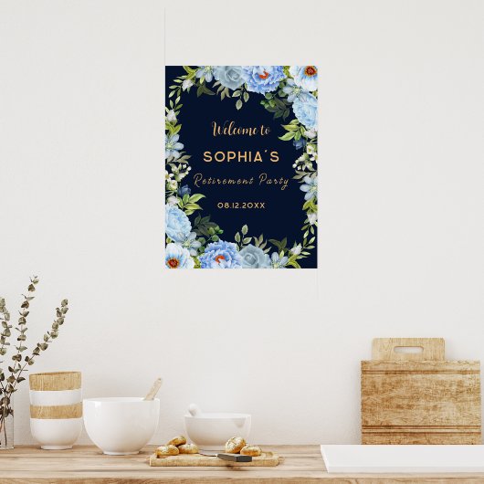 Elegante Blauwe bloemen Pensionering Party Welkoms Poster (Keuken)