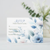 Elegante Blauwe Bloemen RSVP Kaartje (Staand voorkant)
