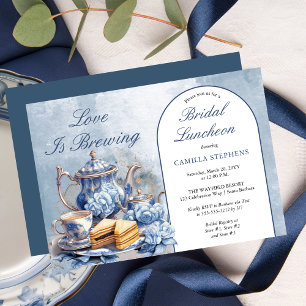 Elegante Blauwe Bloemen Theeset Bruids Luncheon Th Kaart
