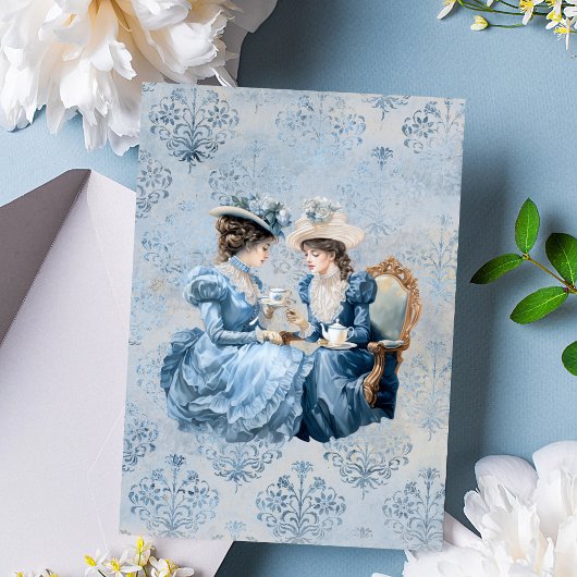 Elegante Blauwe Bloemen Theeset Bruidsthee Douche Kaart