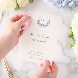 Elegante Blauwe Bloemen Toile Crest Save the Date Vellum Uitnodigingen
