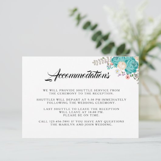 Elegante Blauwe Bloemen Trouwaccommodaties Informatiekaartje (Staand voorkant)