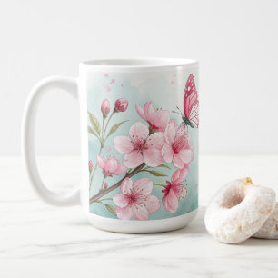 Elegante Blauwe Bloemen & Vlinder Custom Koffiemok