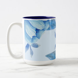 Elegante Blauwe Bloemen Waterverf Tweekleurige Koffiemok