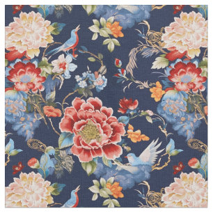 Elegante blauwe bloemenchinoiserie stof