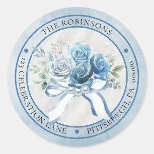 Elegante blauwe bloemencirkel retouradres ronde sticker