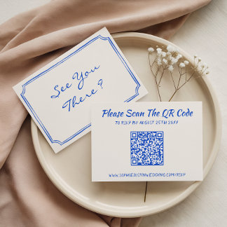 Elegante blauwe bloemencode QR Trouwkaart RSVP Kaartje