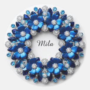 Elegante Blauwe Bloemendiamanten Krans Ronde Sticker