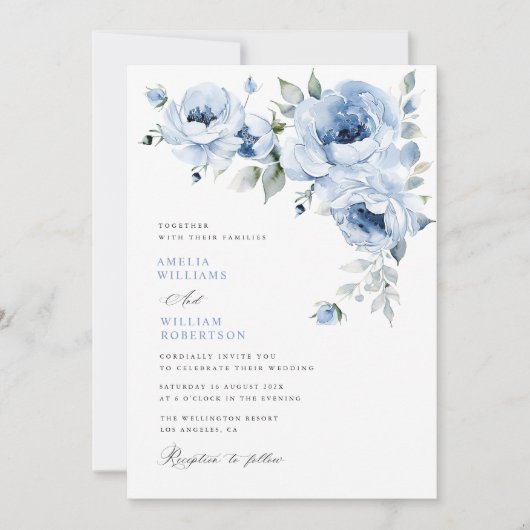 Elegante blauwe bloemenkalligrafie bruiloft kaart (Voorkant)