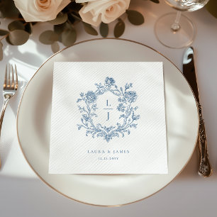Elegante Blauwe Bloemenkroon Monogram Bruiloft Servet