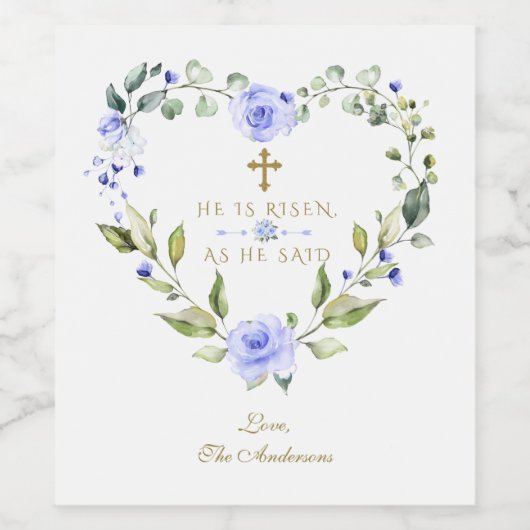 Elegante blauwe bloemenslingers Hij Is Opgestaan G Wijn Etiket (Enkel label)