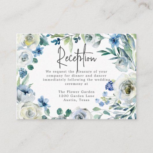 Elegante blauwe bloementuin bruiloft receptie informatiekaartje (Voorkant)