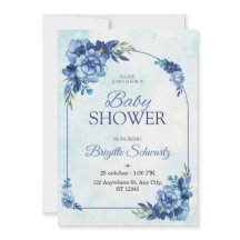 Elegante blauwe bloemige babyshower uitnodiging