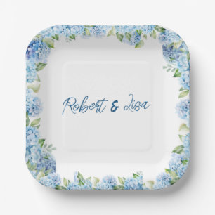 Elegante blauwe bloemige bruiloft papieren bordje