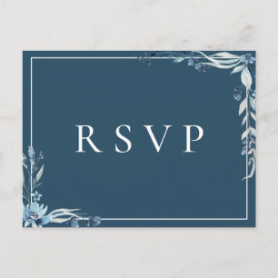 Elegante Blauwe Bloemige Bruiloft RSVP Nummerverzo Uitnodiging Briefkaart