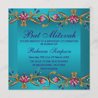 Elegante Blauwe Bloemige Edelsteen Bat Mitzvah Uit Kaart