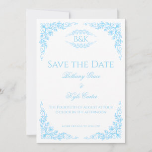 Elegante Blauwe Bloemige Monogram Save The Date Ka