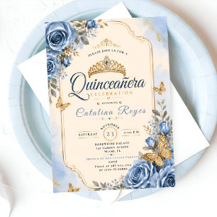 Elegante Blauwe Bloemige Quinceañera Kaart
