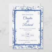 Elegante Blauwe Bloemige Trouwuitnodiging  Kaart (Voorkant)
