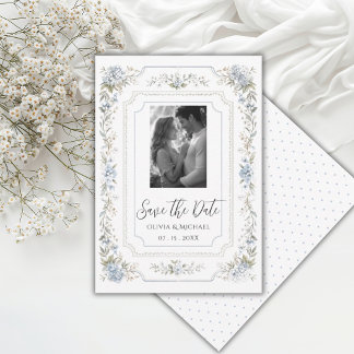 Elegante Blauwe Bloemige Veldbloemen Frame Foto Save The Date