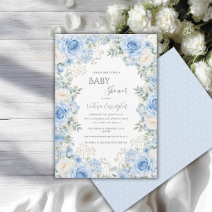 Elegante Blauwe Bloemige Vintage Baby Shower Kaart