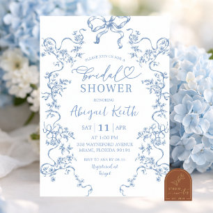 Elegante blauwe bloemrijke Franse Toile bruidsdouc Kaart