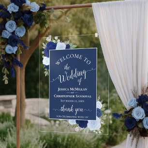 Elegante Blauwe Boho Chic Rozen Trouw Welkom Acryl Bord