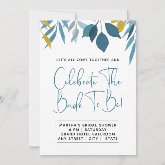 Elegante Blauwe Botanische Bruids Douche Uitnodigi Aankondiging (Voorkant)
