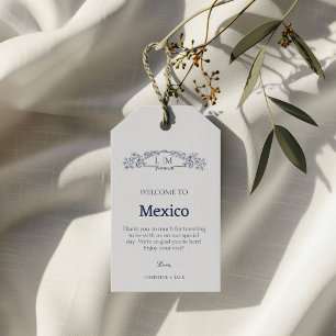Elegante Blauwe botanische kam monogram bruiloft Cadeaulabel