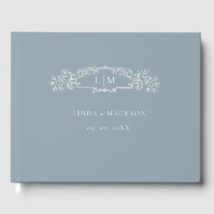Elegante Blauwe botanische kam monogram bruiloft Gastenboek