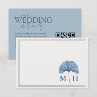 Elegante Blauwe Botanische Monogram Trouwdetails Informatiekaartje