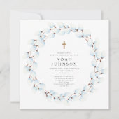Elegante blauwe botanische religieuze jongensdoop  kaart (Voorkant)