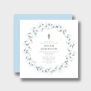 Elegante blauwe botanische religieuze jongensdoop kaart