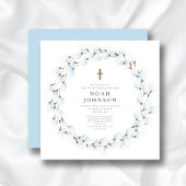 Elegante blauwe botanische religieuze jongensdoop  kaart