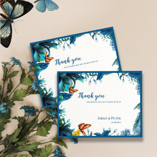 Elegante Blauwe Botanische Vlinder Trouw Dank Je Briefkaart